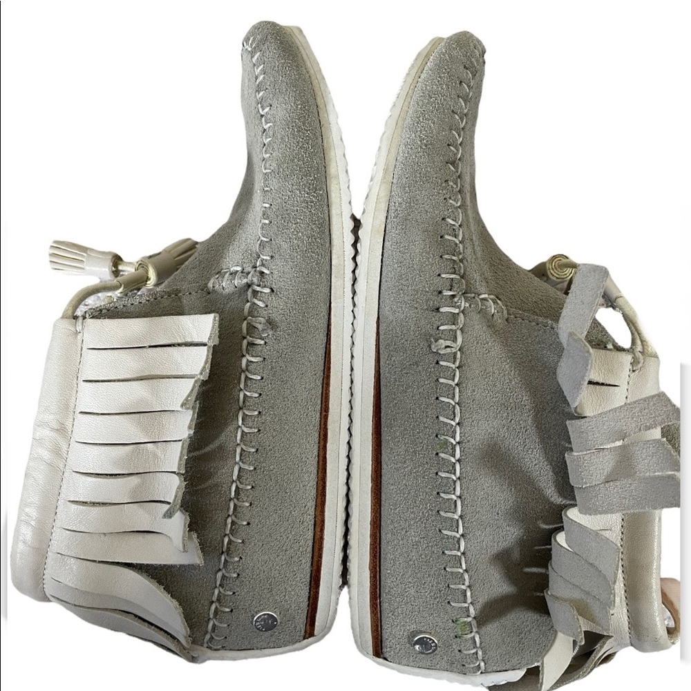 Rag & Bone Hand Sewn Moccasins/ Light Grey w/ White Leather Trim & Tassels/ 37.5